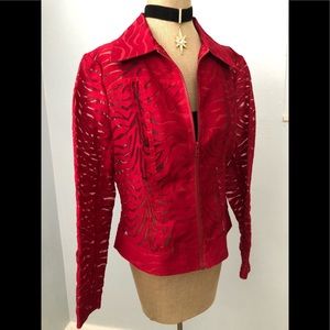 NABI Red Cropped Jacket Sheer Zebra Print - Zips Up Front - Sexy - Holiday